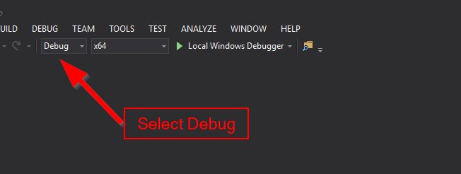 Select Debug in Visual Studio